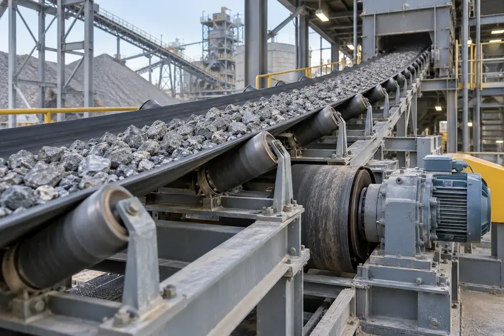 Mineral conveyor belt with steel idler rollers