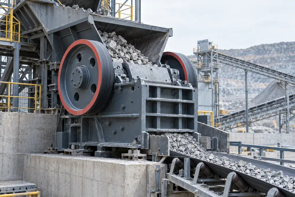Jaw crusher with feed hopper in a mineral processing plant