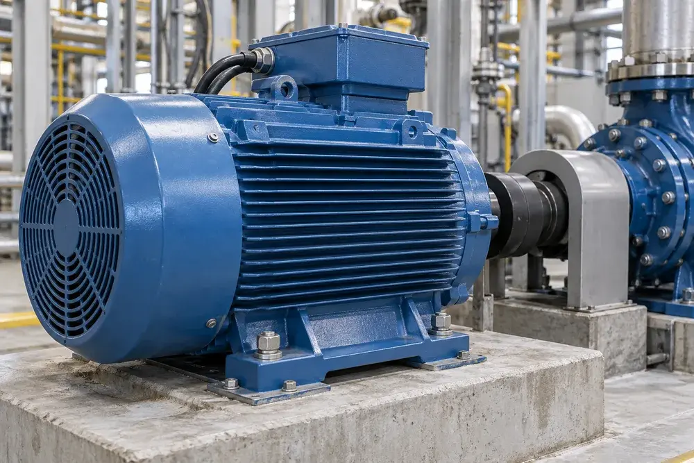 Blue industrial electric motor mounted on a factory floor