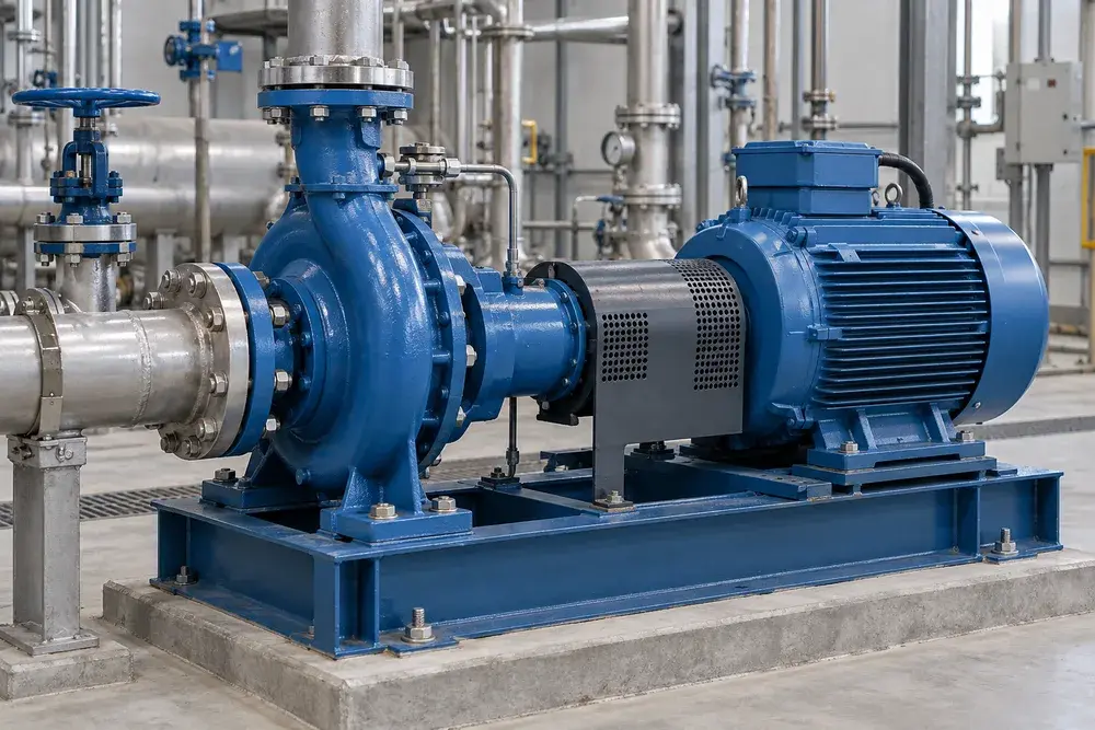 Centrifugal pump with motor and flanged process pipes