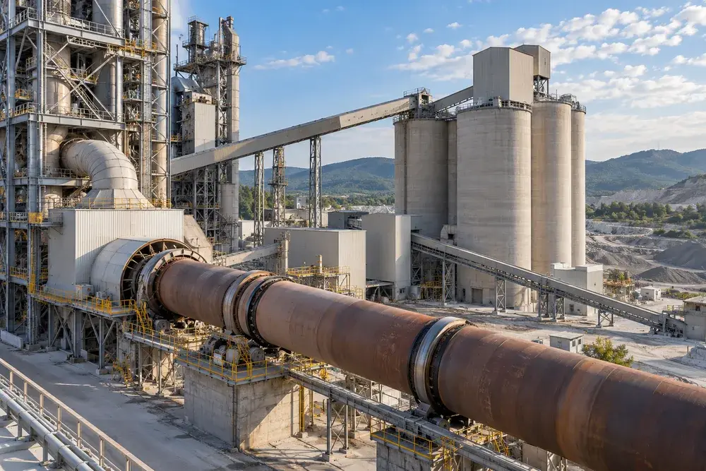 Silos and conveyors at a cement plant