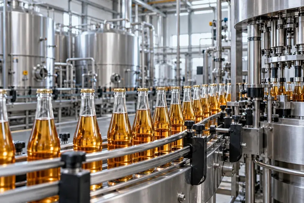 Bottles on a stainless steel production conveyor