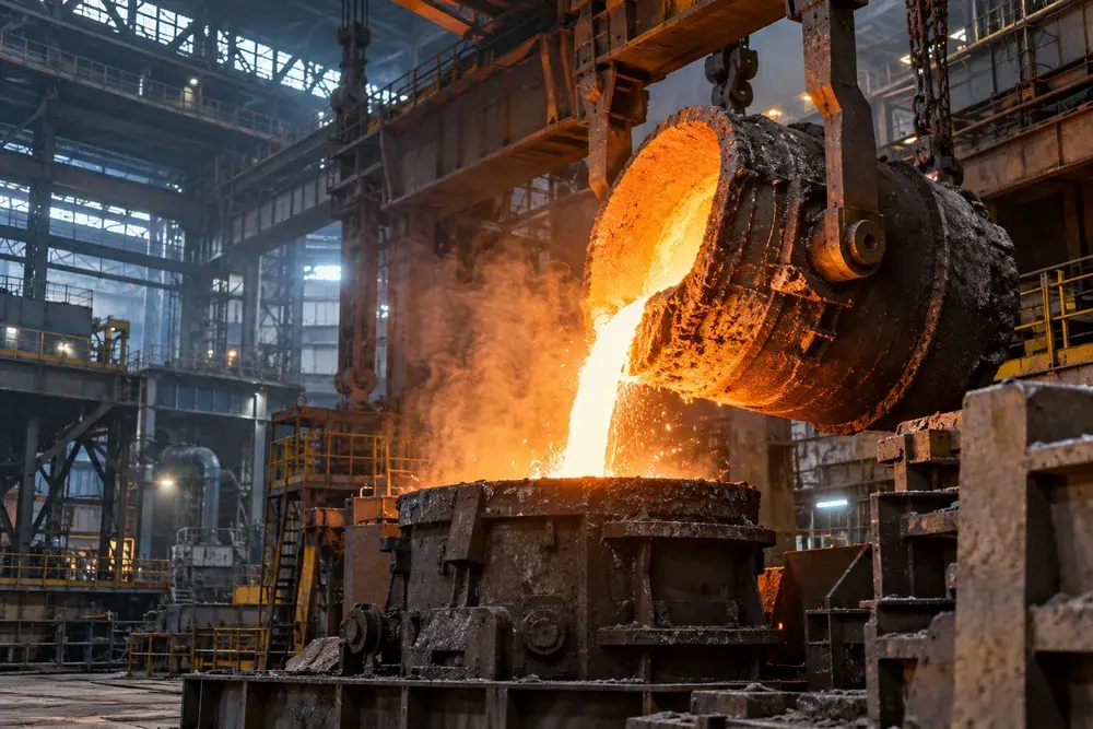Molten metal being poured inside a foundry