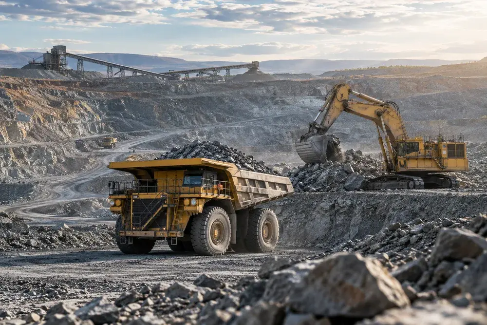 Haul truck and excavator in an open-pit mine