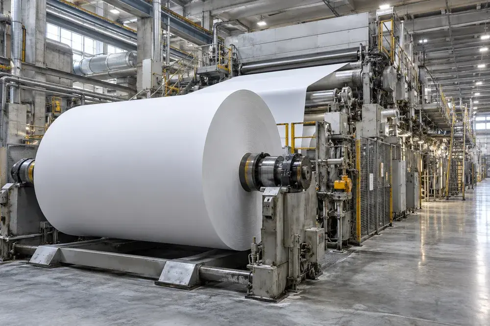 Large paper reel on a paper mill production line
