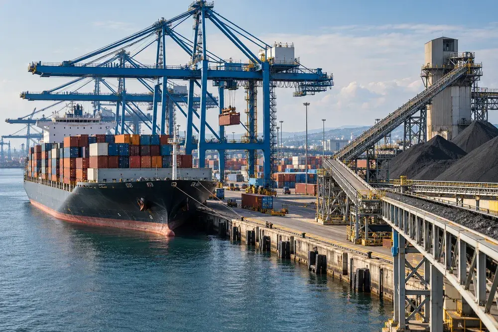 Cargo cranes and material handling equipment at a port