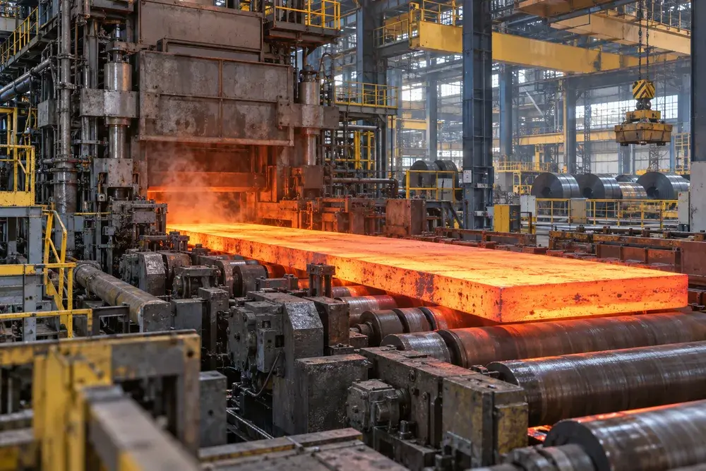 Hot steel moving through a rolling mill