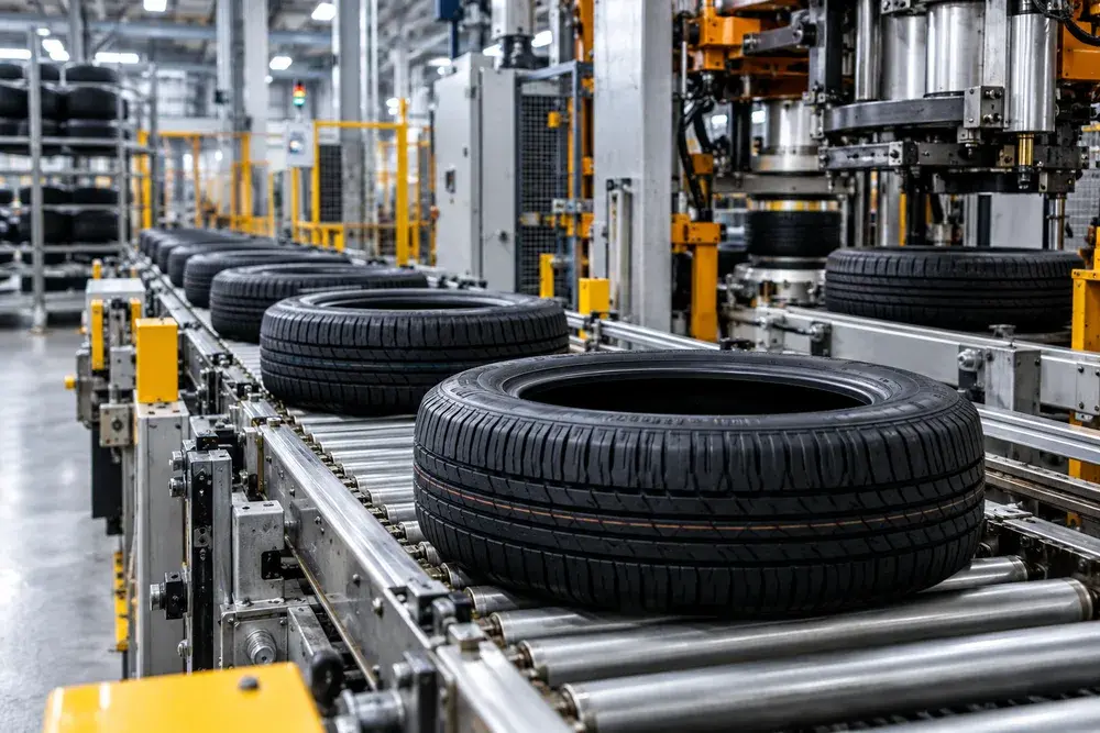 Tires moving through a manufacturing line
